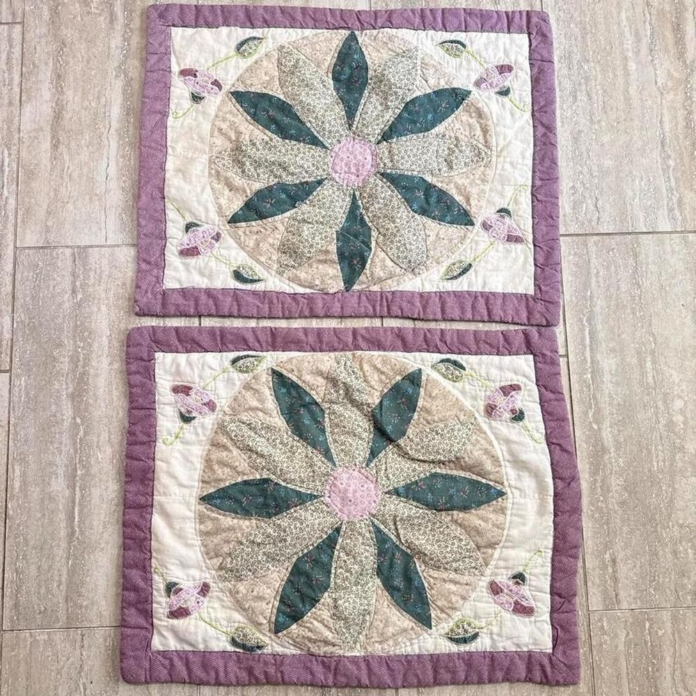 Vintage Quilted Pillow Shams Set Dresden Plate Floral Cottage grandma Patchwork